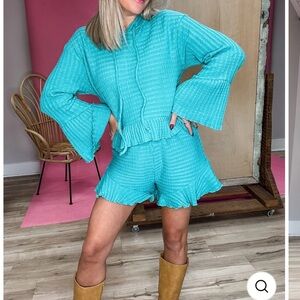 🔥Heyson Waffle Knit Ruffle Detail Hoodie and Short Set🔥